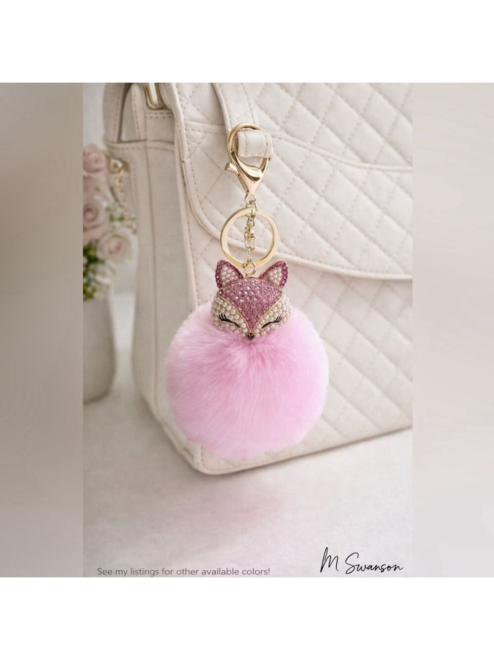 NEW Fluffy Fox Bag Charm Keychain - Light Pink - Pearl & Rhinestone Pom Pom NWT